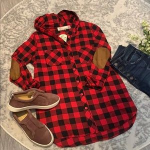 Buffalo Plaid hooded tunic with suede elbows